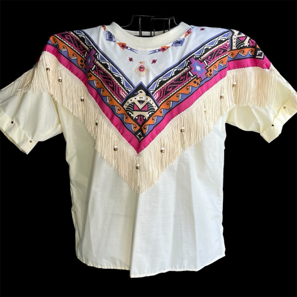 Vintage Western Fringe Aztec Beaded Top Shirt Large NWT Cowgirl Rodeo